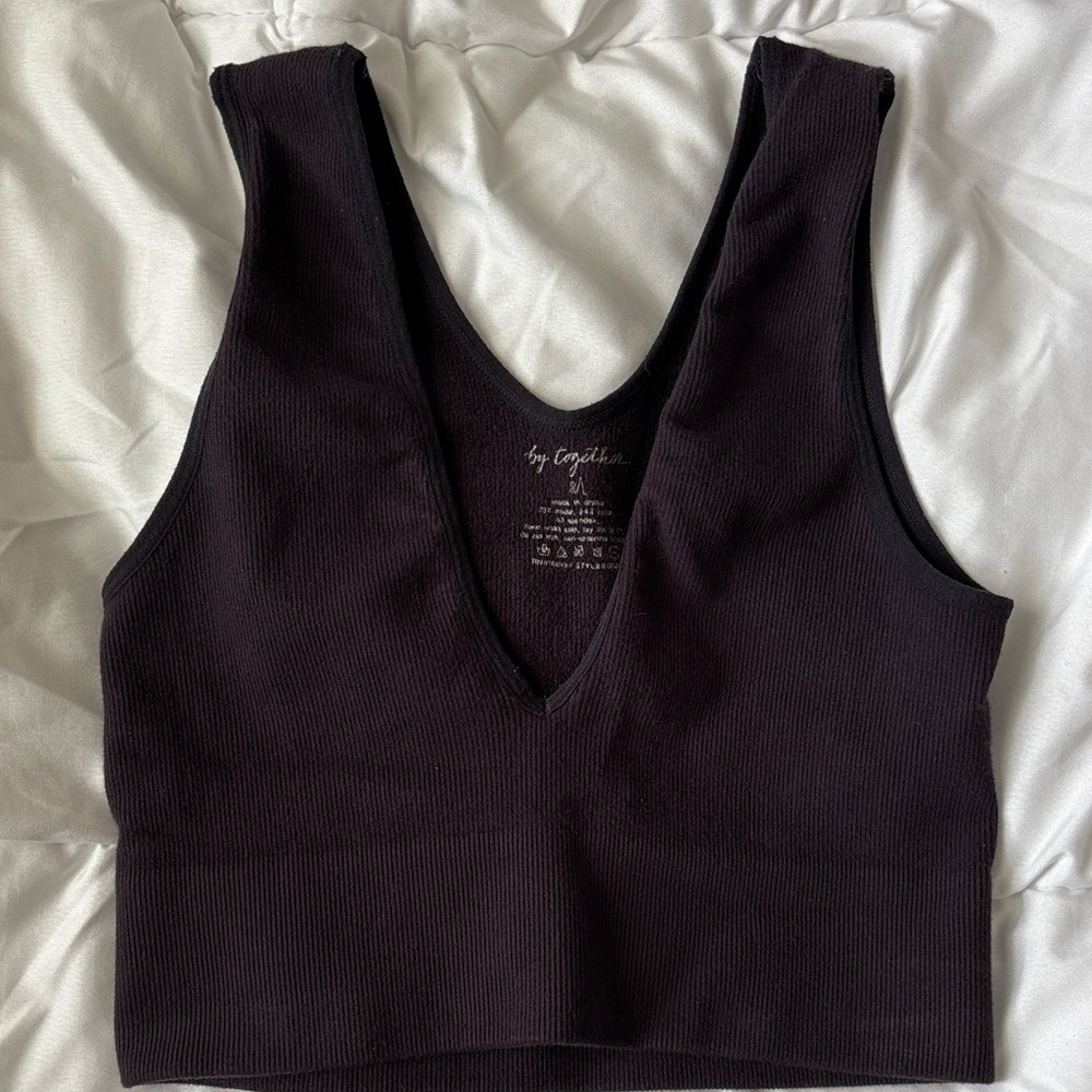 By Together Black Ribbed V Neck Crop Top